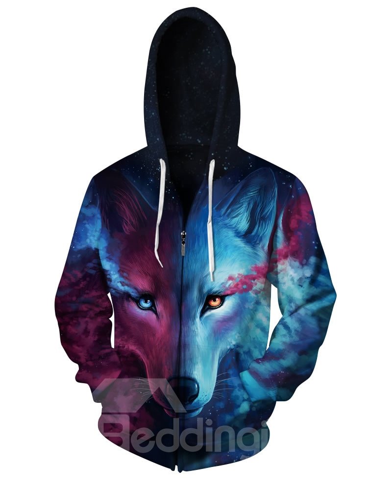 Stylish 3D Blue Wolf with Tear Pattern Long Sleeve Zipper Cool Hooded Men's Sweater for Fashionable Guys