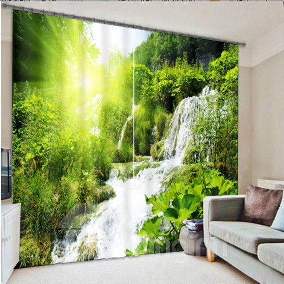 Customizable 3D Printed Double - Panel Blackout Curtain for Living Room with Thick Forest and Waterfalls Design