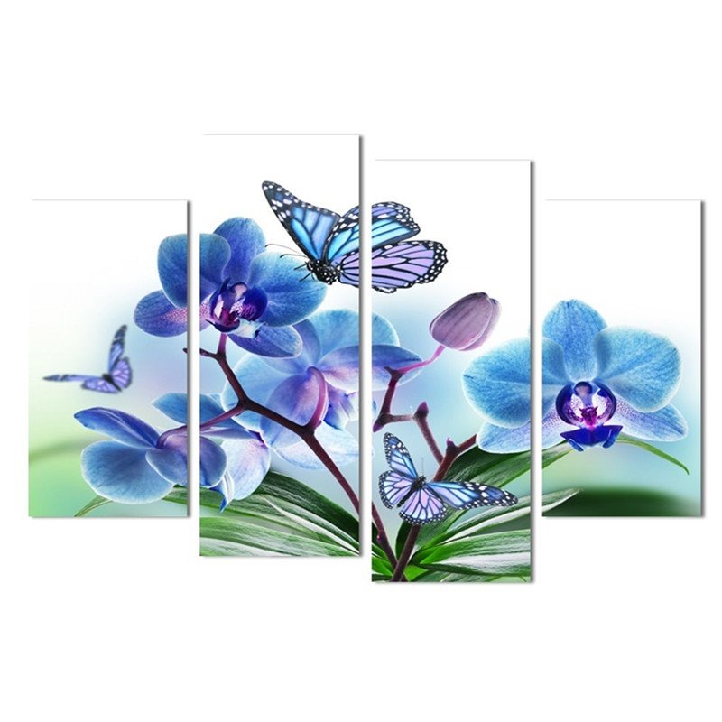 Waterproof and Eco - friendly Blue Flowers and Butterflies 4 - Piece Non - framed Hanging Canvas Wall Prints