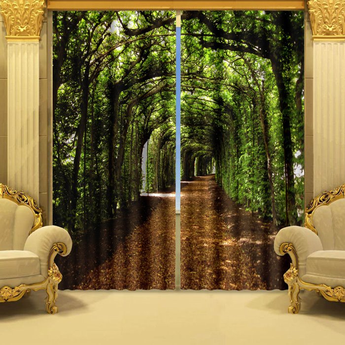 Customizable 3D Printed Polyester Curtain with a Stunning Green Corridor Natural Style for Room Decoration