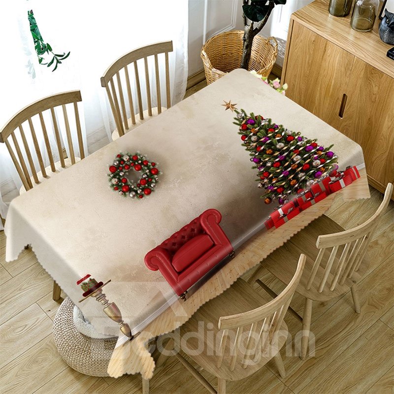 3D Polyester Tablecloth with Christmas Tree and Red Sofa Pattern, Unfading, Wear-Resistant, Oil-Proof and Water-Proof, Ideal for Home, Hotel, Outdoors and Party Decor