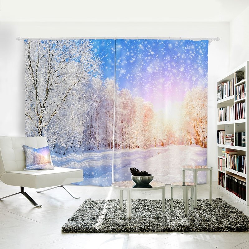 3D Polyester Curtain with Blue Sky, White Snow and Tree Design