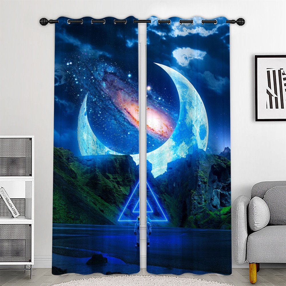 Customizable Blue 3D Universe Moon Curtains, 2 Panels, No Pilling, No Fading, Polyester