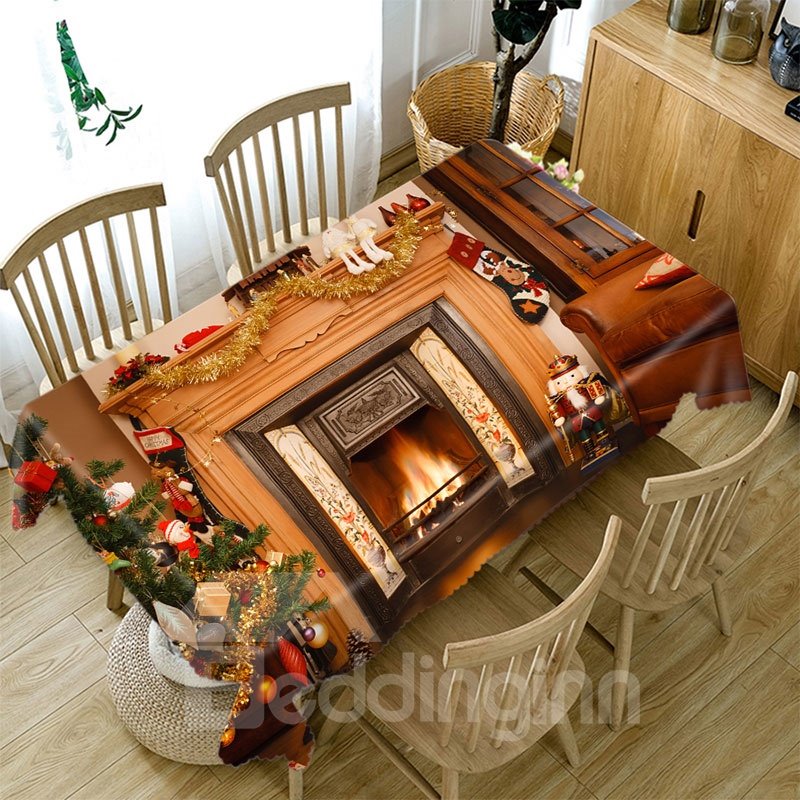 3D Polyester Tablecloth with Christmas Tree and Red Sofa Pattern, Unfading, Wear-Resistant, Oil-Proof and Water-Proof, Ideal for Home, Hotel, Outdoors and Party Decor