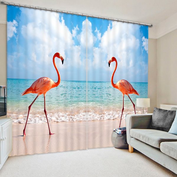 Stunning 3D Printed Curtain Featuring Two Symmetrical Flamingos on the Beach for Home Decoration