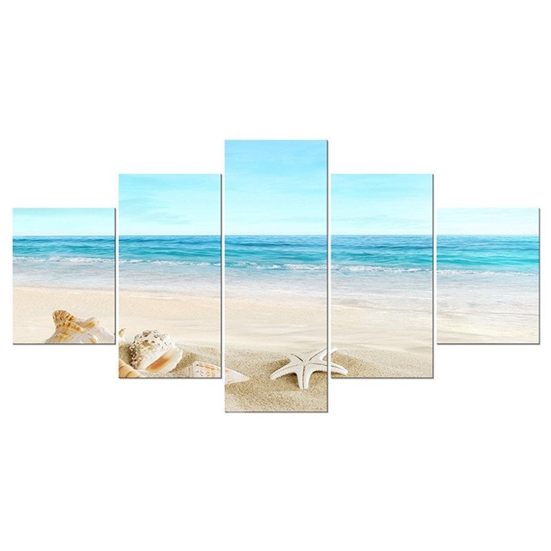 Eco - friendly and Waterproof Non - framed Blue Sea Conch and Starfish Themed 5 - Piece Canvas Wall Hanging Prints
