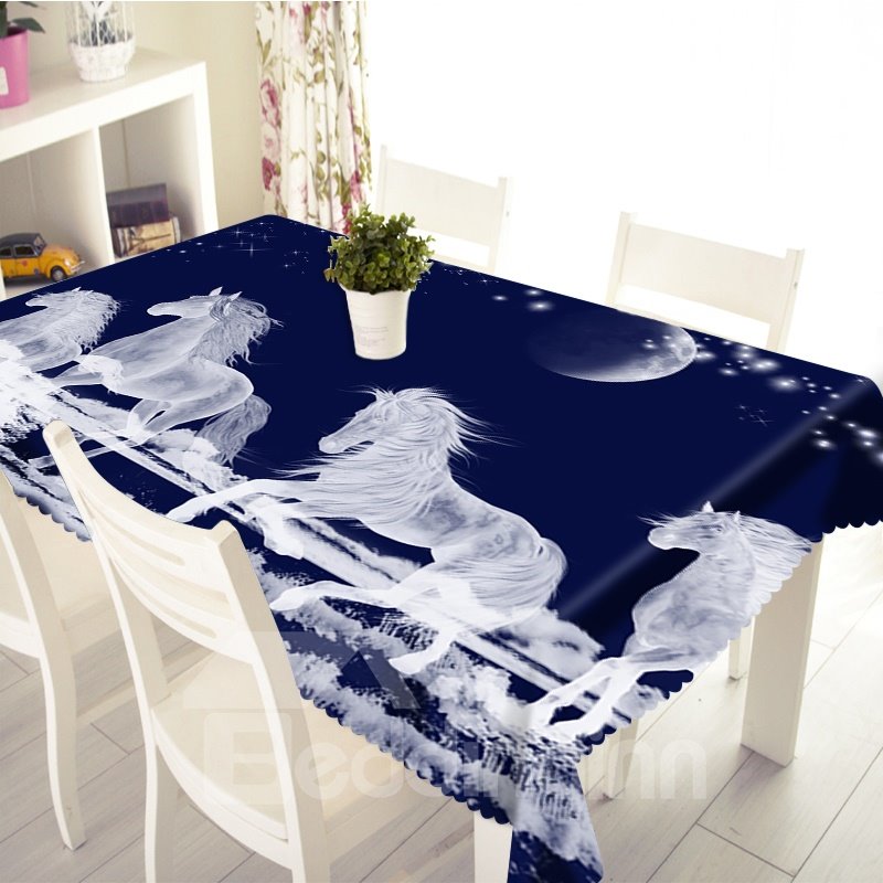 Thick Polyester 3D Table Cover with White Horses Running in Night Sky Print