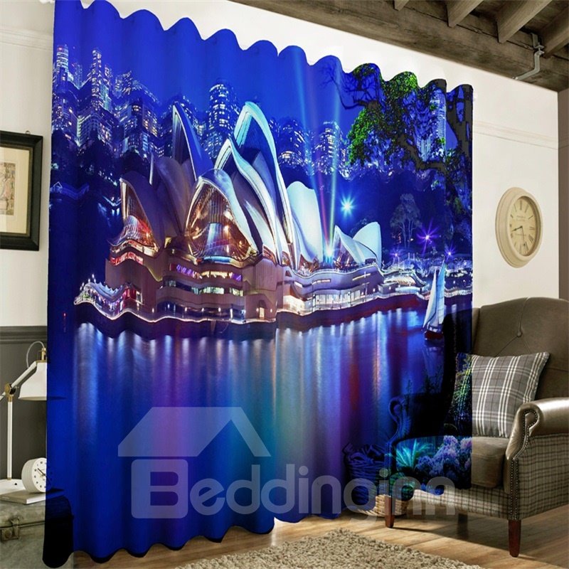 Customizable 3D Printed Seaside Opera House Night Scenery Decorative Polyester Curtain for Living Room, Bedroom or Study