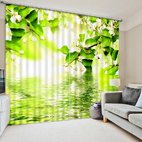 Custom 3D Polyester Curtain with Printed White Flowers and Green Leaves