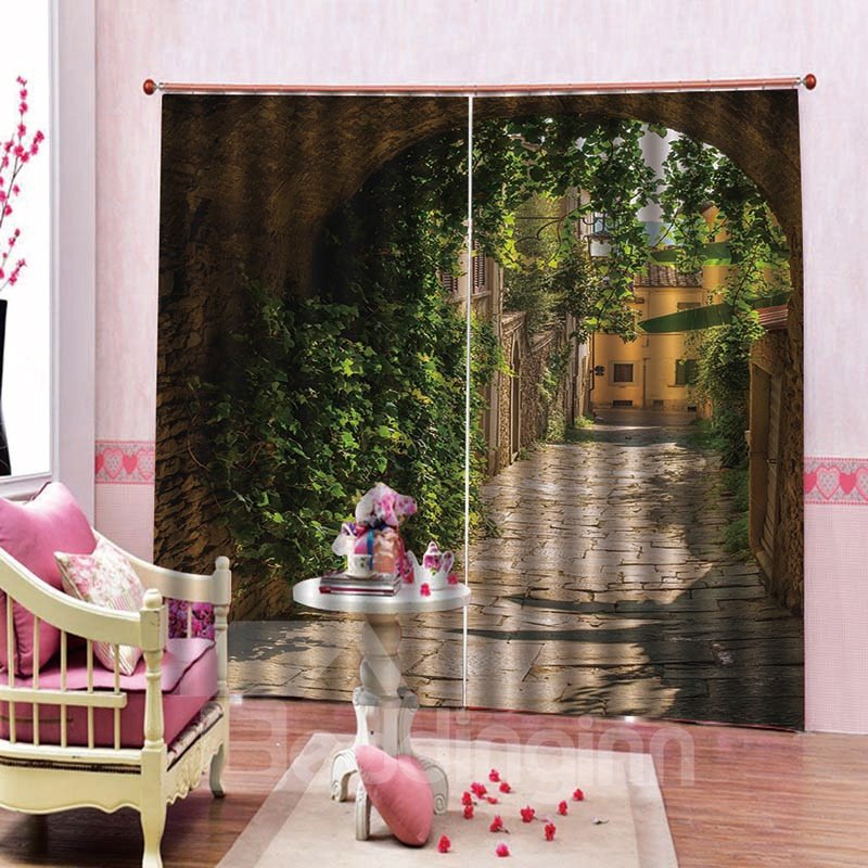 High - quality 3D Printed European Street with Green Vines Blackout Curtain for Room Decor