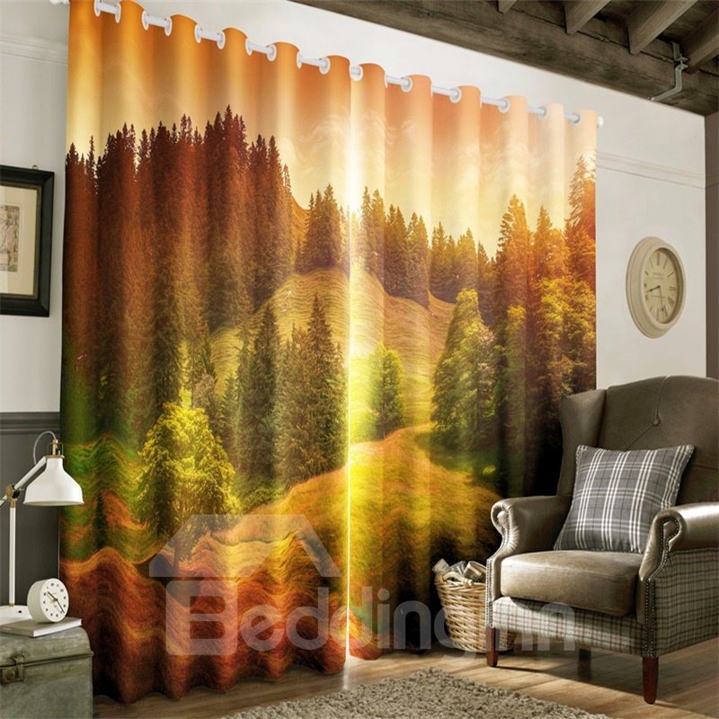 3D Printed Natural Beauty Two Panels Grommet Top Curtain with Soft Sunlight and Fresh Green Hillside Scenery