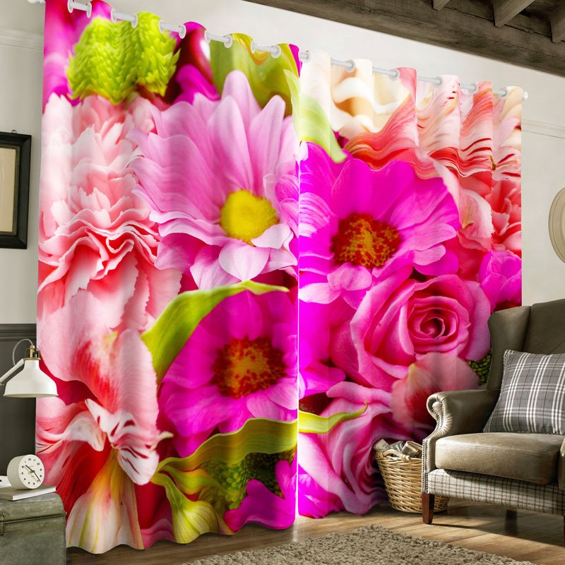 Stunning 3D Printed Panoramic Vivid Pink Floral Design Grommet Top Double - Panel Curtain Ideal for Living Rooms
