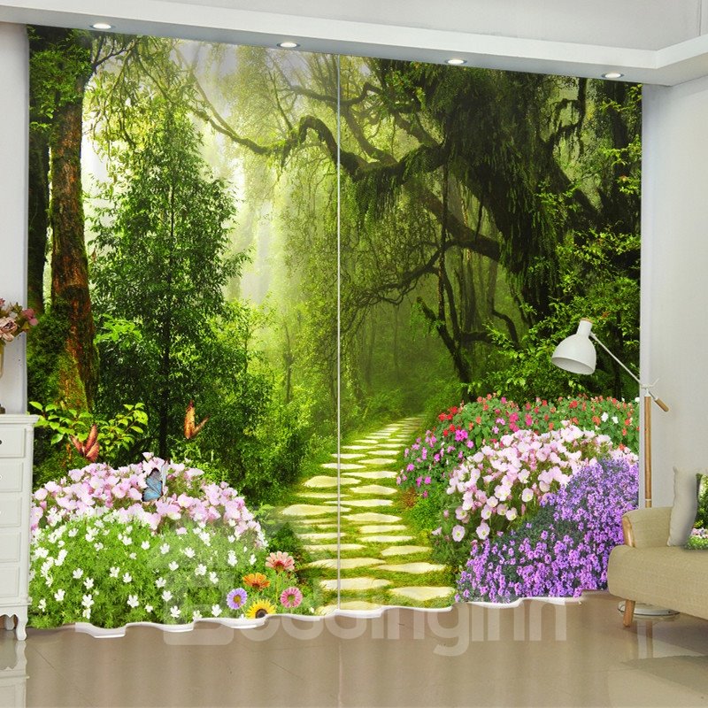 Customizable 3D Printed Natural Scenery Curtain Featuring a Charming Forest and Purple Flowers for Home Decoration