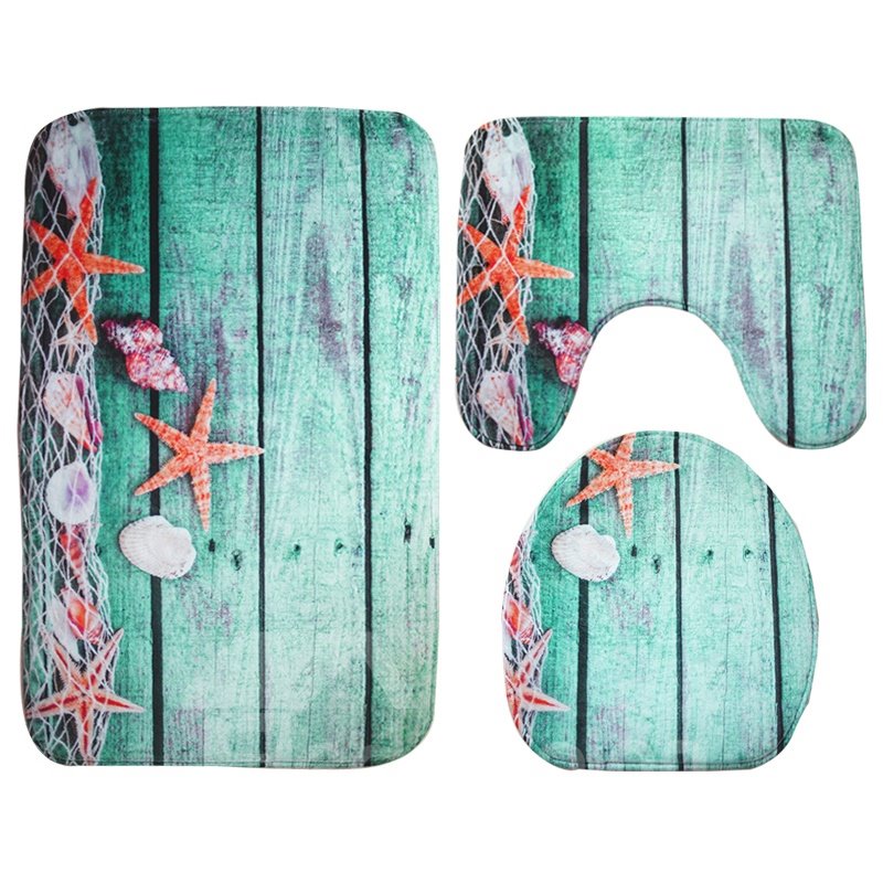 Seaside View 3-Piece Anti-Skid Bathroom Set with Comfortable Mats and Toilet Seat Cover